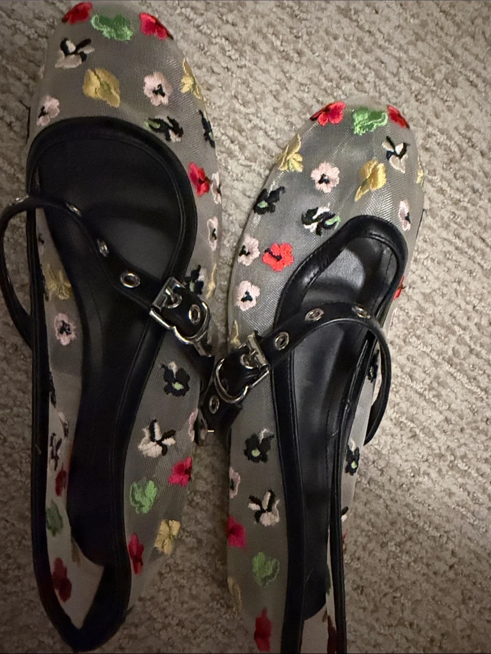 Women's Floral Embroidered Mary Jane Flats - Gray with Multicolor Flowers 7.5